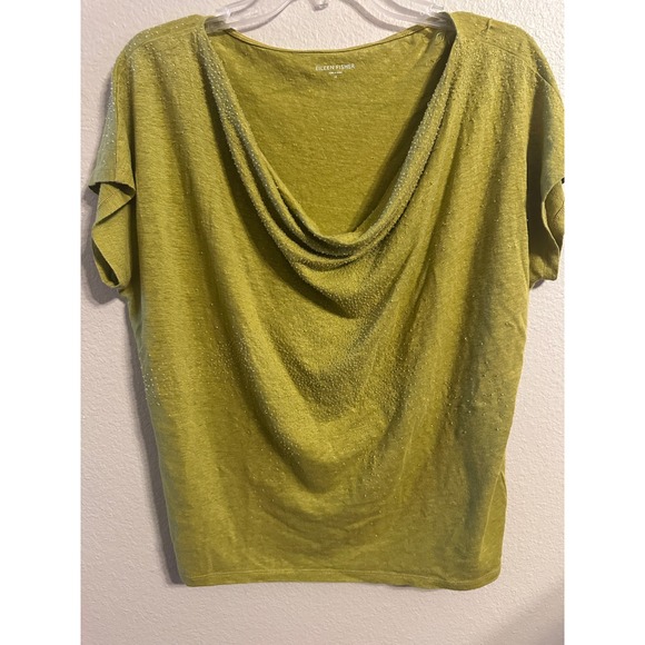Eileen Fisher Olive Green Embellished Cowl Neck Short Sleeve Top - Picture 1 of 6